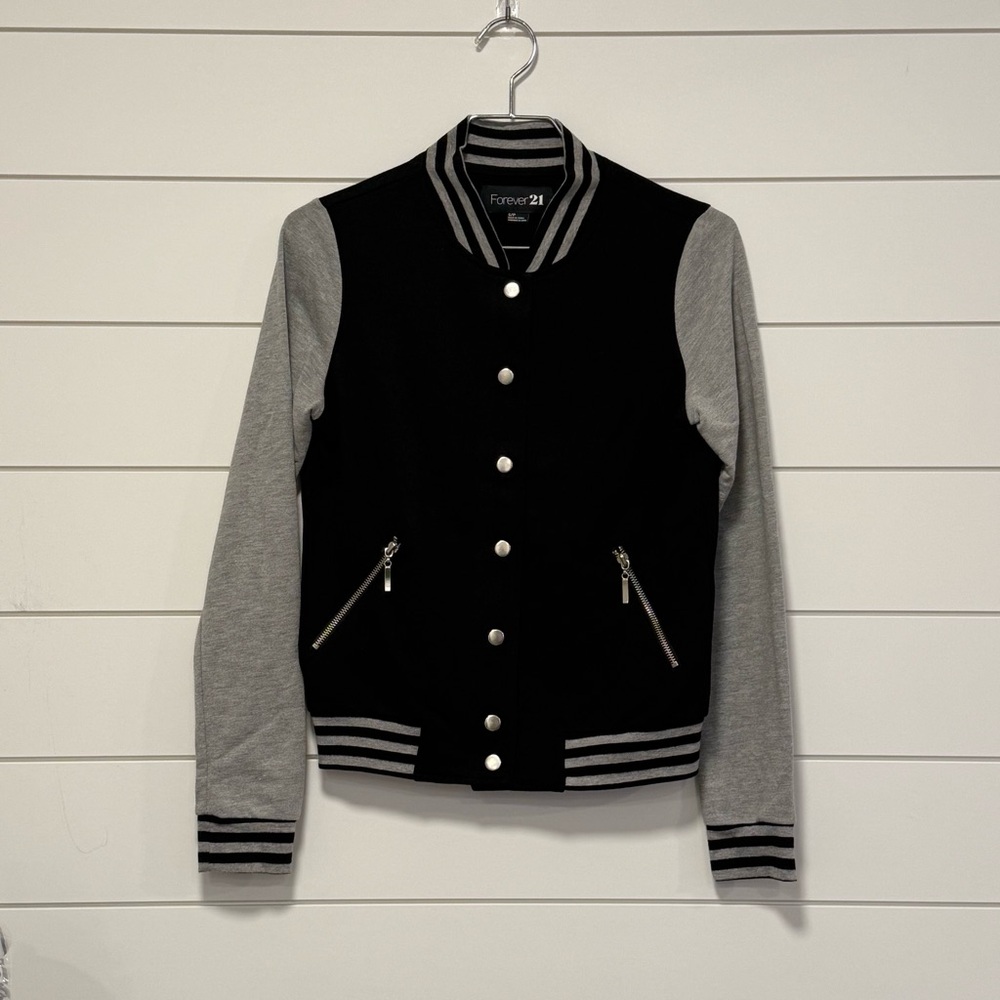 Forever 21 Black and Gray Letterman Style Sweatshirt Jacket - Size S